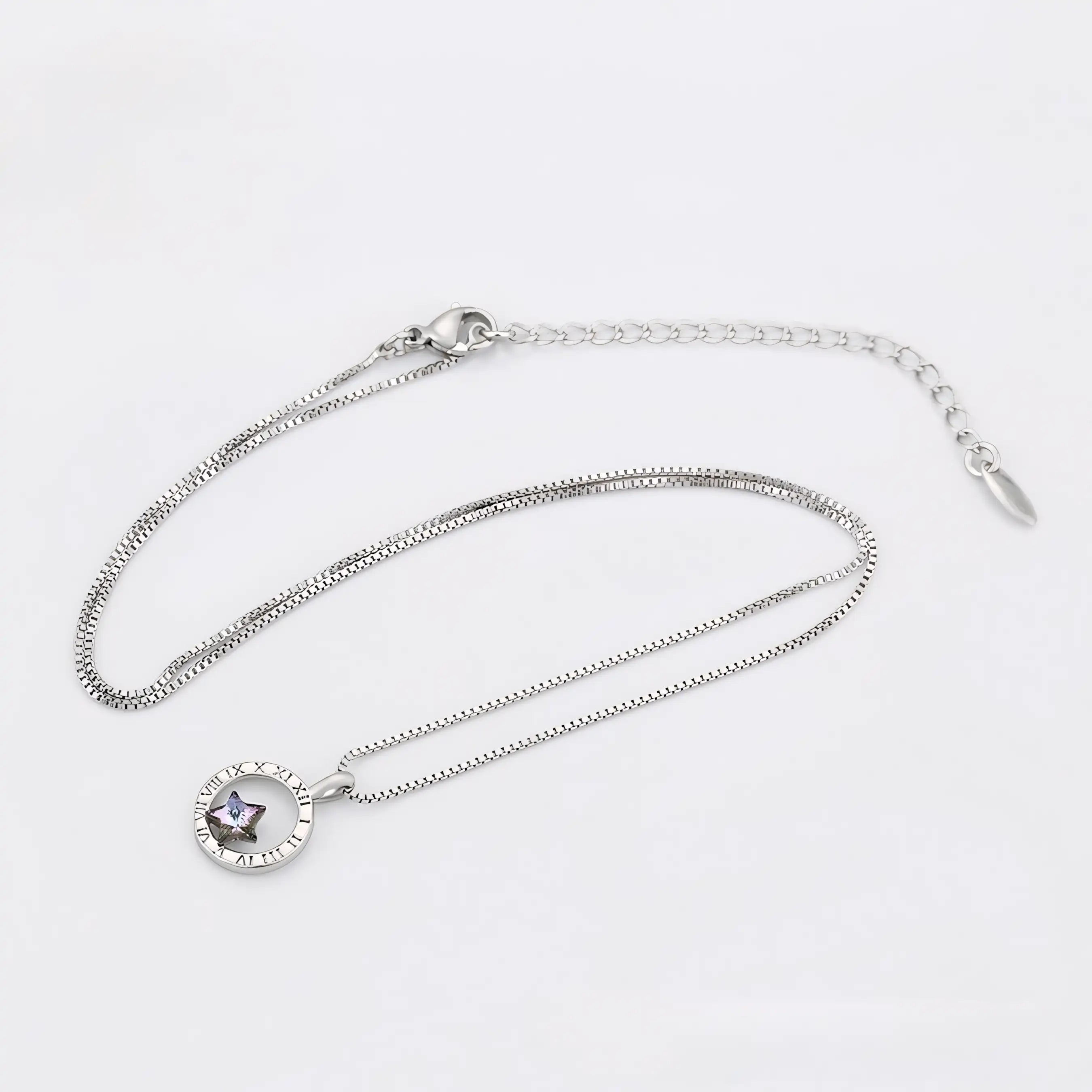 Collar Estrella Morada Con Números Romanos Chapado En Platino