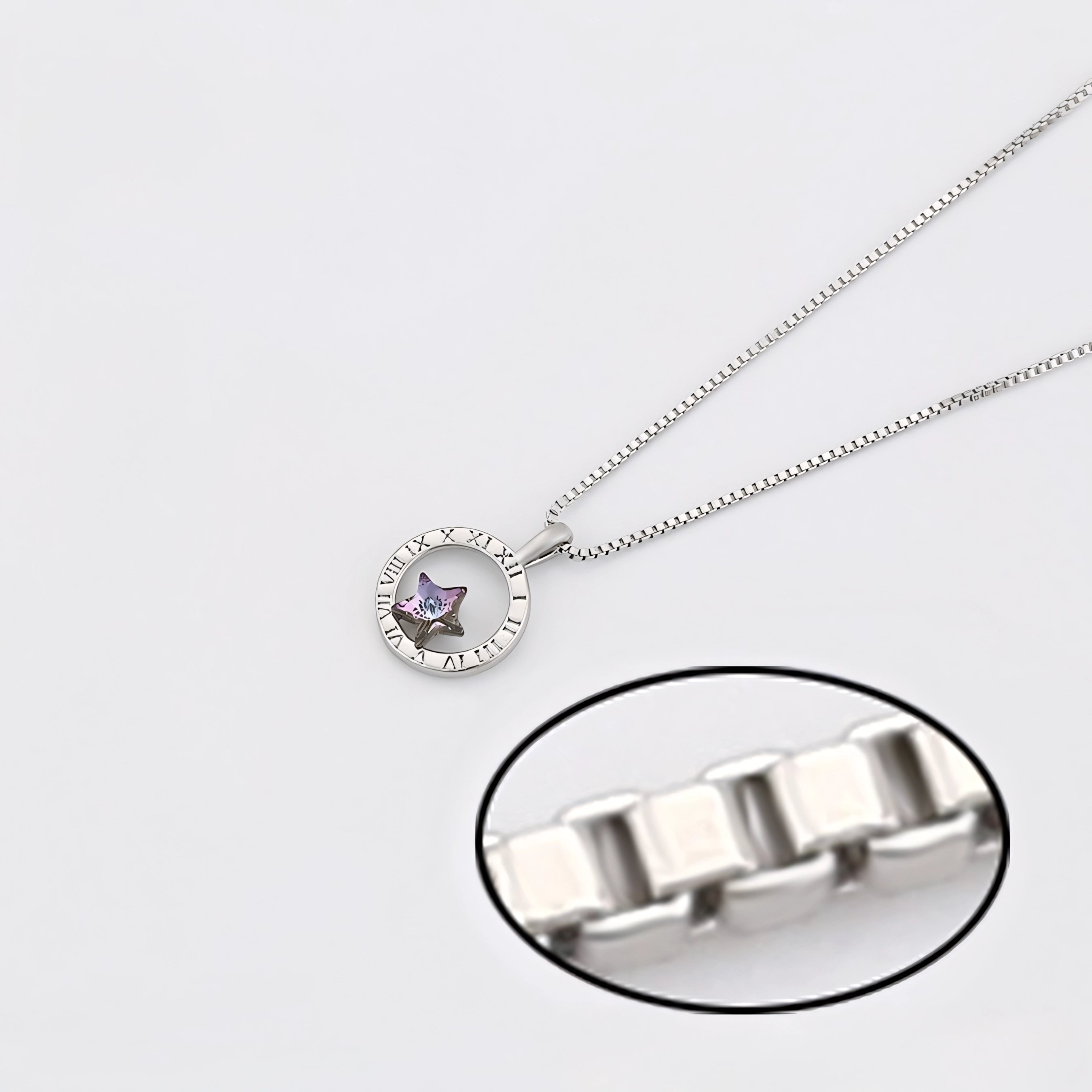 Collar Estrella Morada Con Números Romanos Chapado En Platino