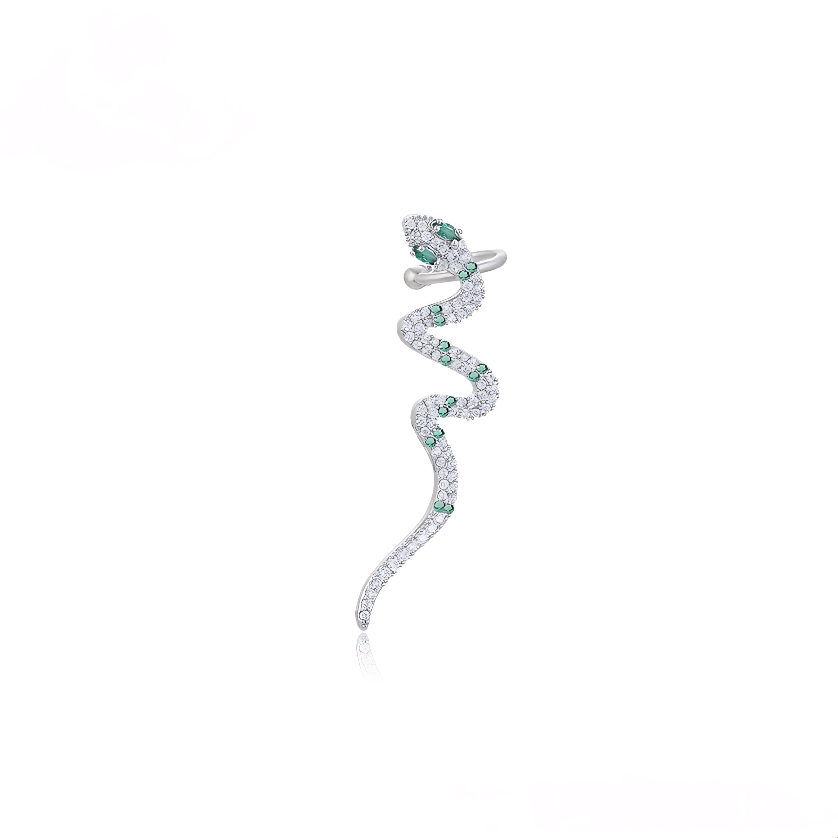 Ear Cuff Serpiente Elegante con Zirconias y Detalles Verdes Chapado en Platino