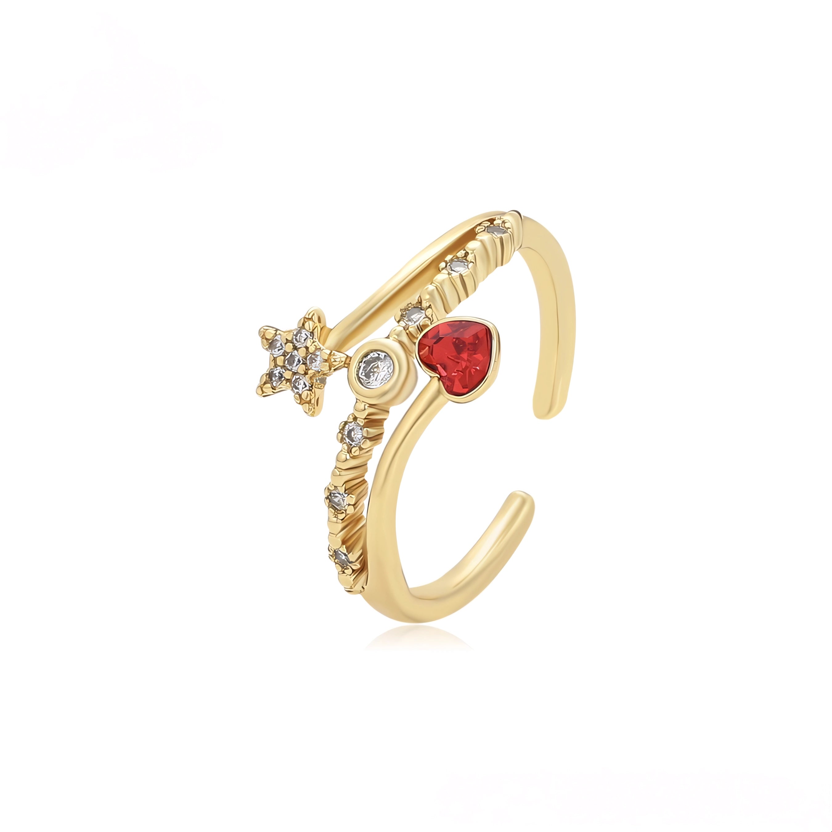 Anillo con Zirconia Corazon y Estrella Oro Laminado 14K