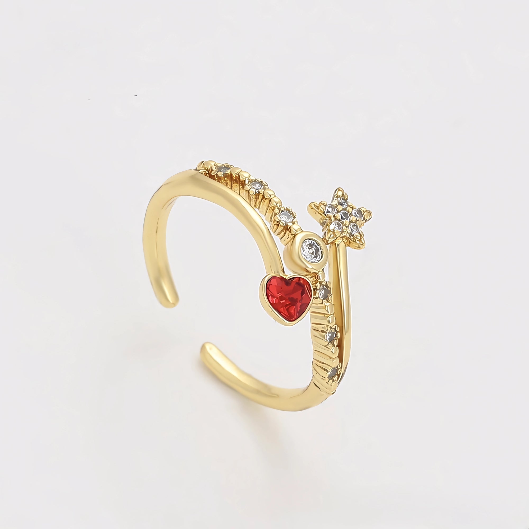 Anillo con Zirconia Corazon y Estrella Oro Laminado 14K