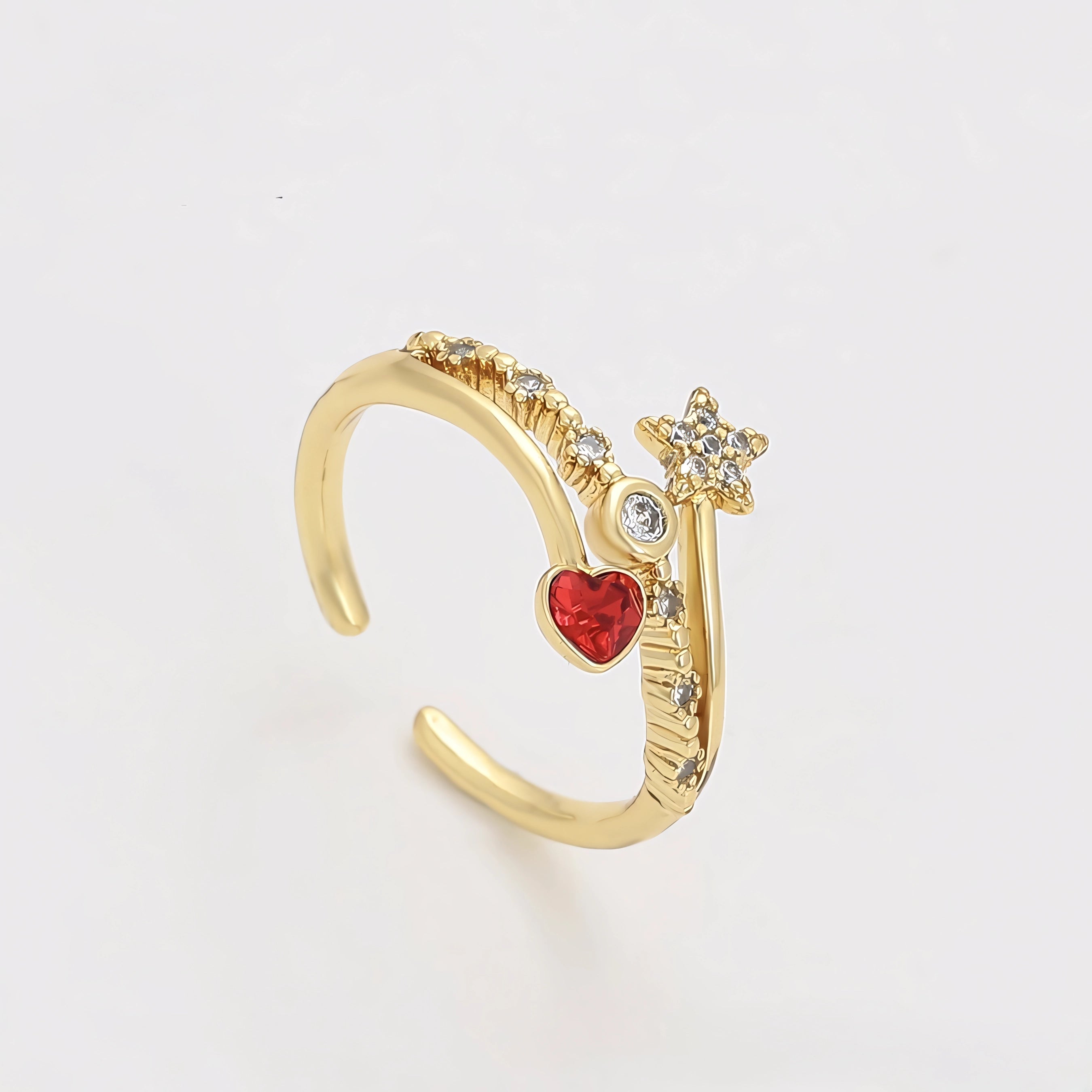 Anillo con Zirconia Corazon y Estrella Oro Laminado 14K
