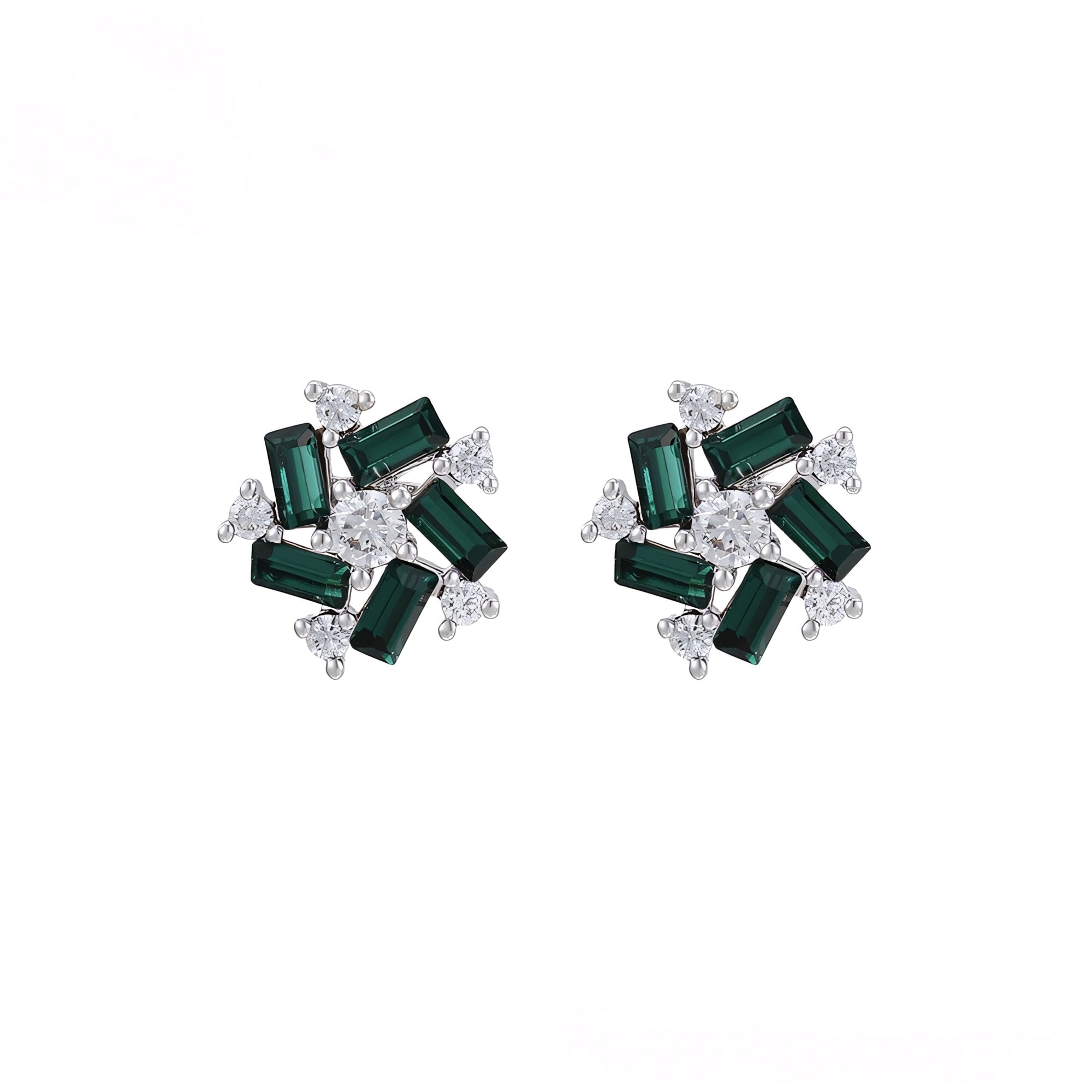 Aretes con Zirconias y Piedra Verde Chapado en Platino