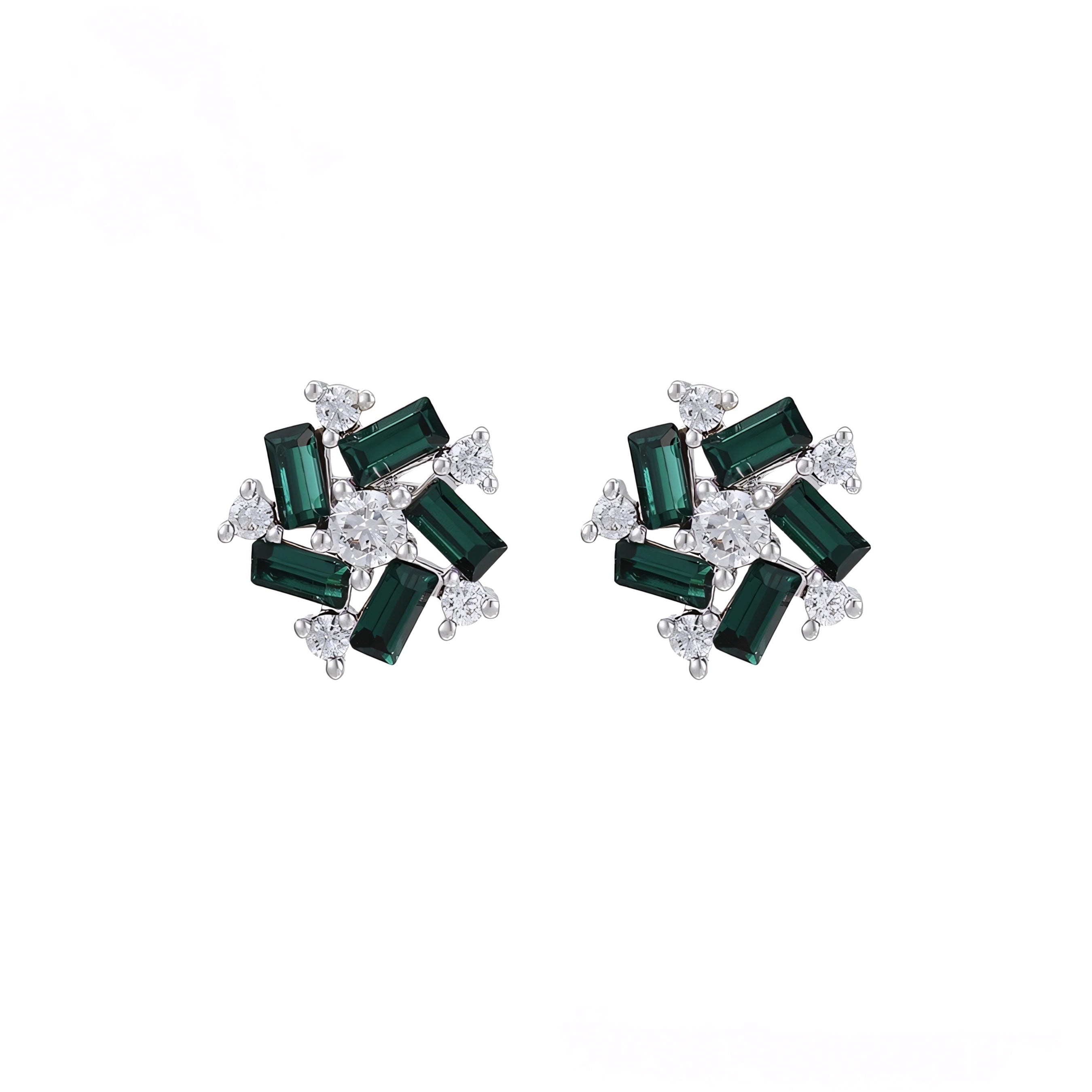 Aretes con Zirconias y Piedra Verde Chapado en Platino