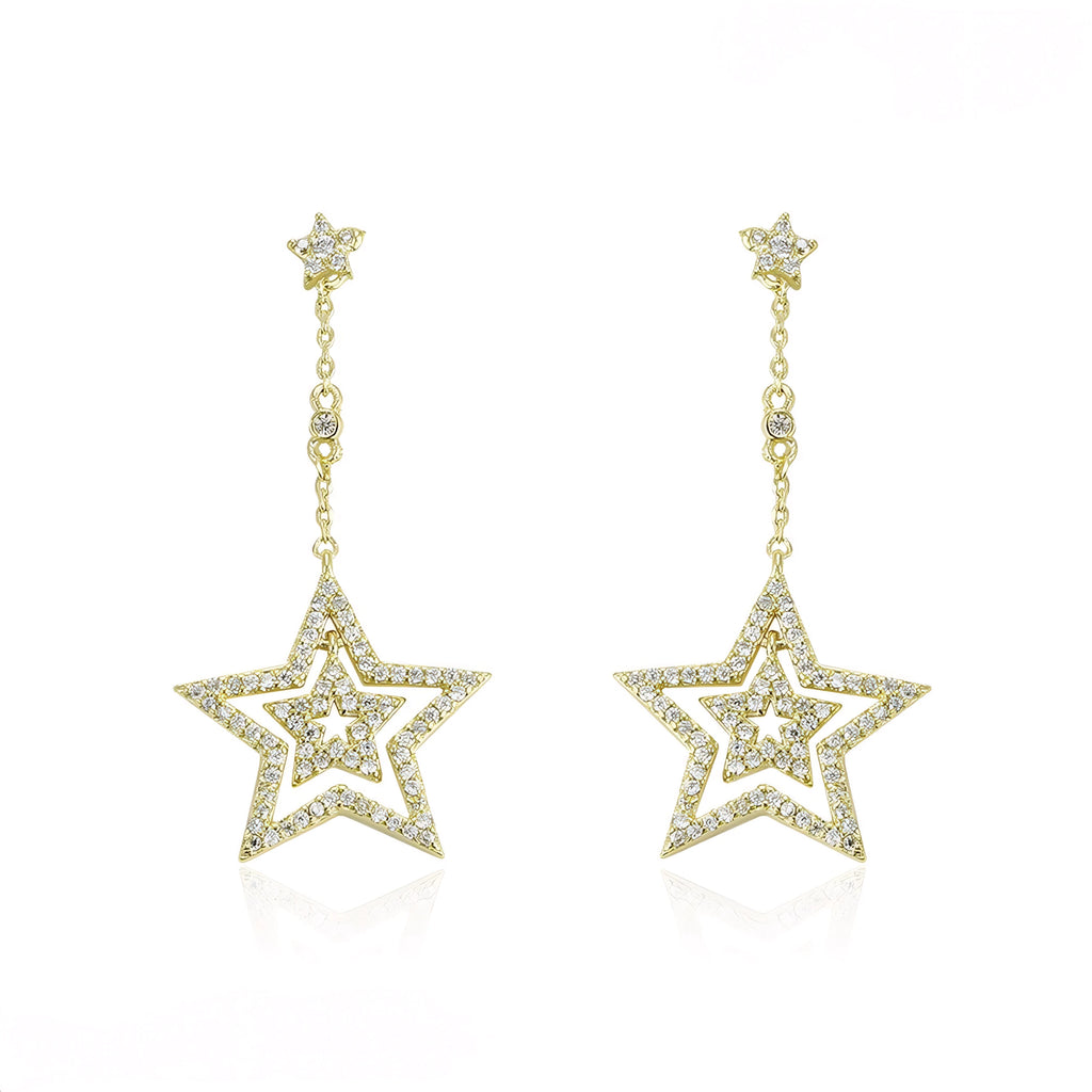 Aretes Largos con Estrellas Oro Laminado 14K