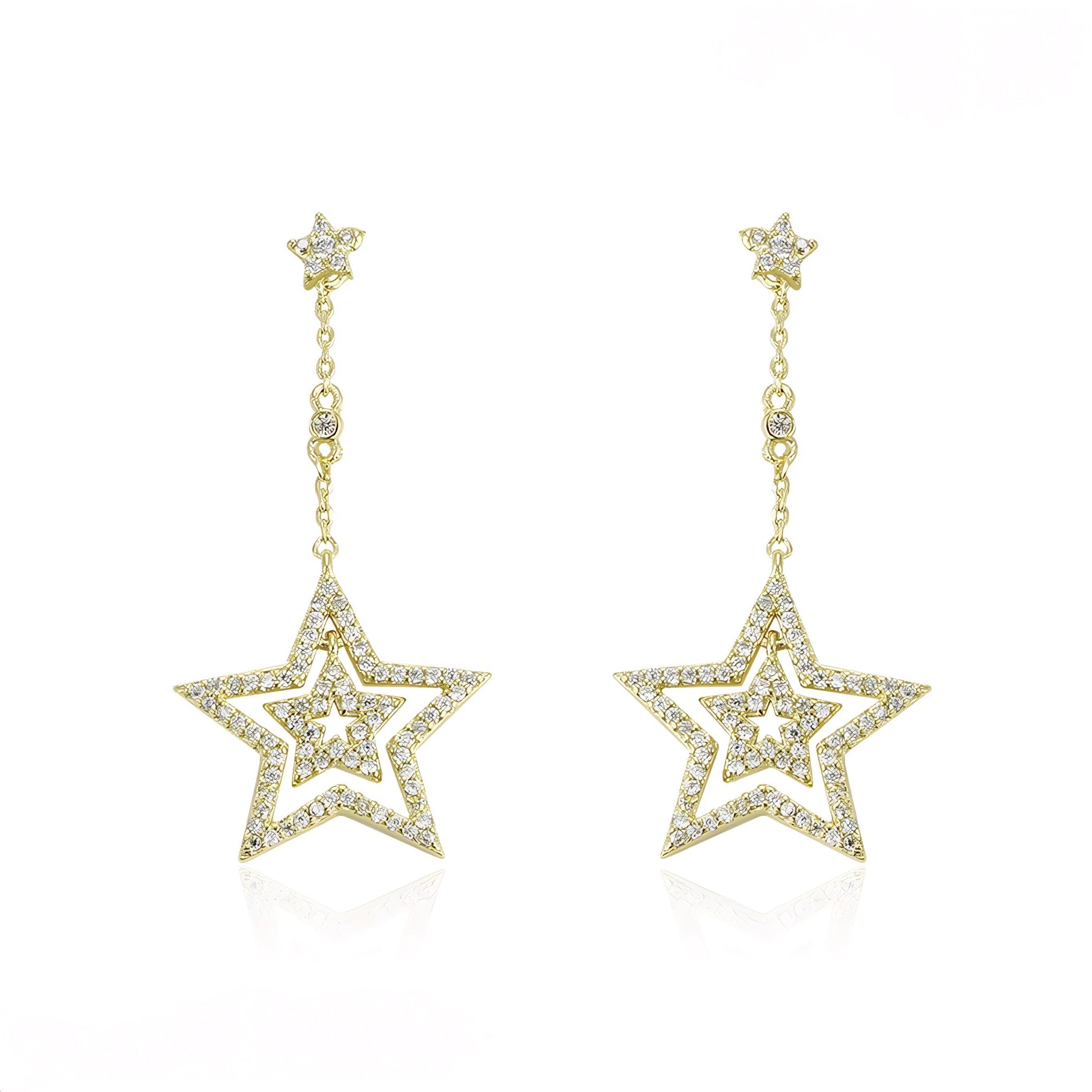 Aretes Largos con Estrellas Oro Laminado 14K