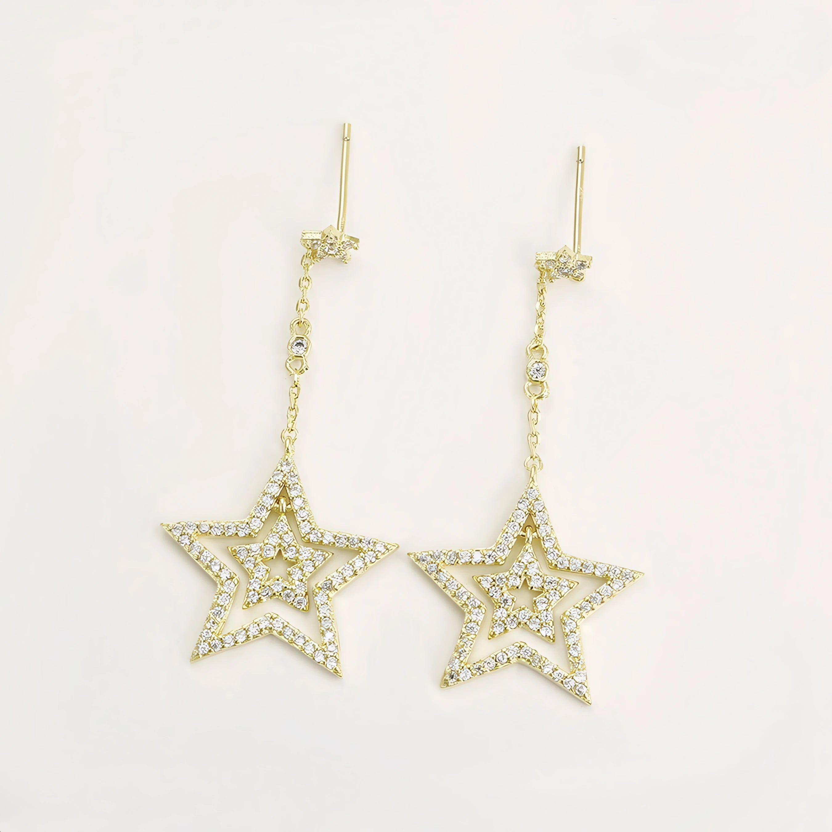 Aretes Largos con Estrellas Oro Laminado 14K