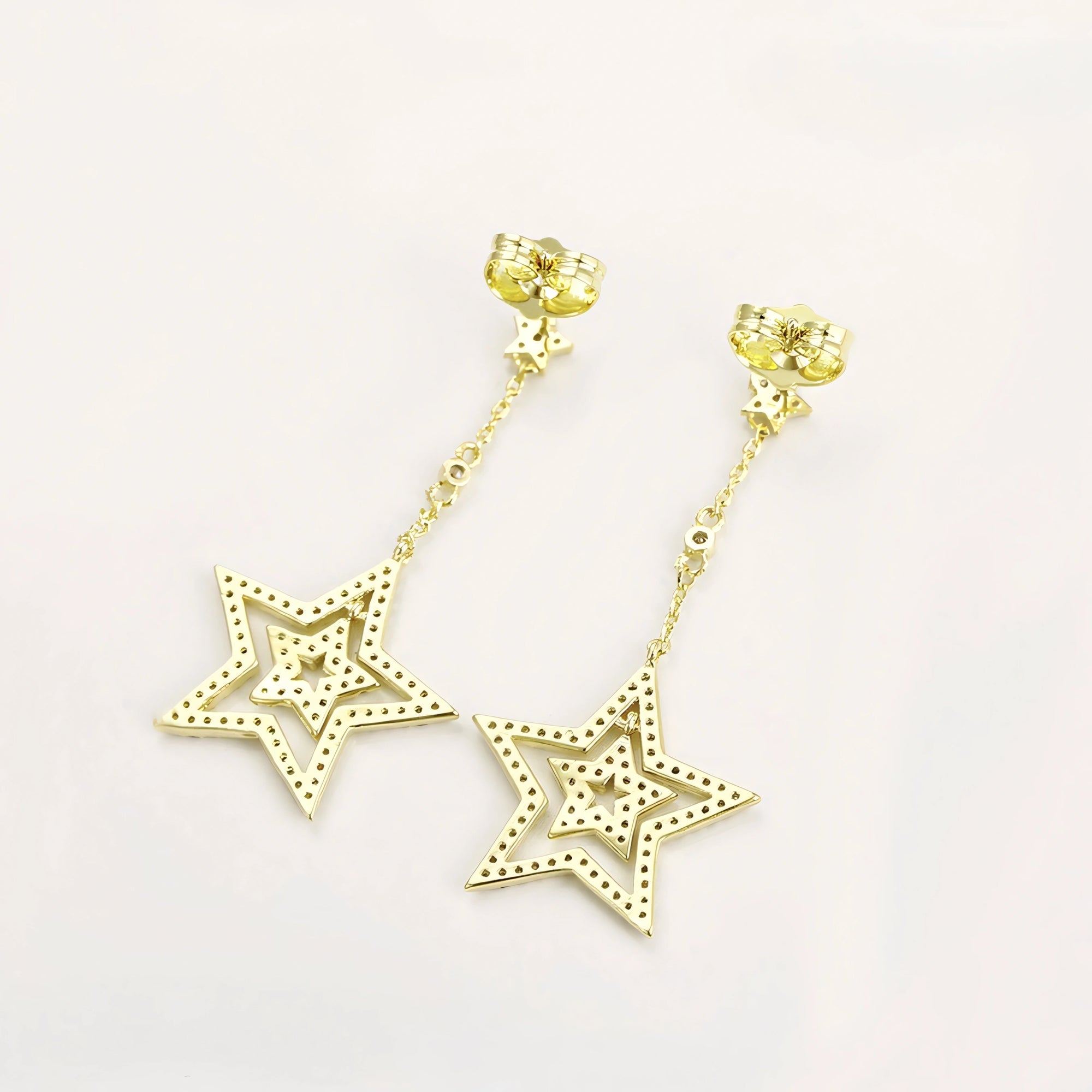 Aretes Largos con Estrellas Oro Laminado 14K