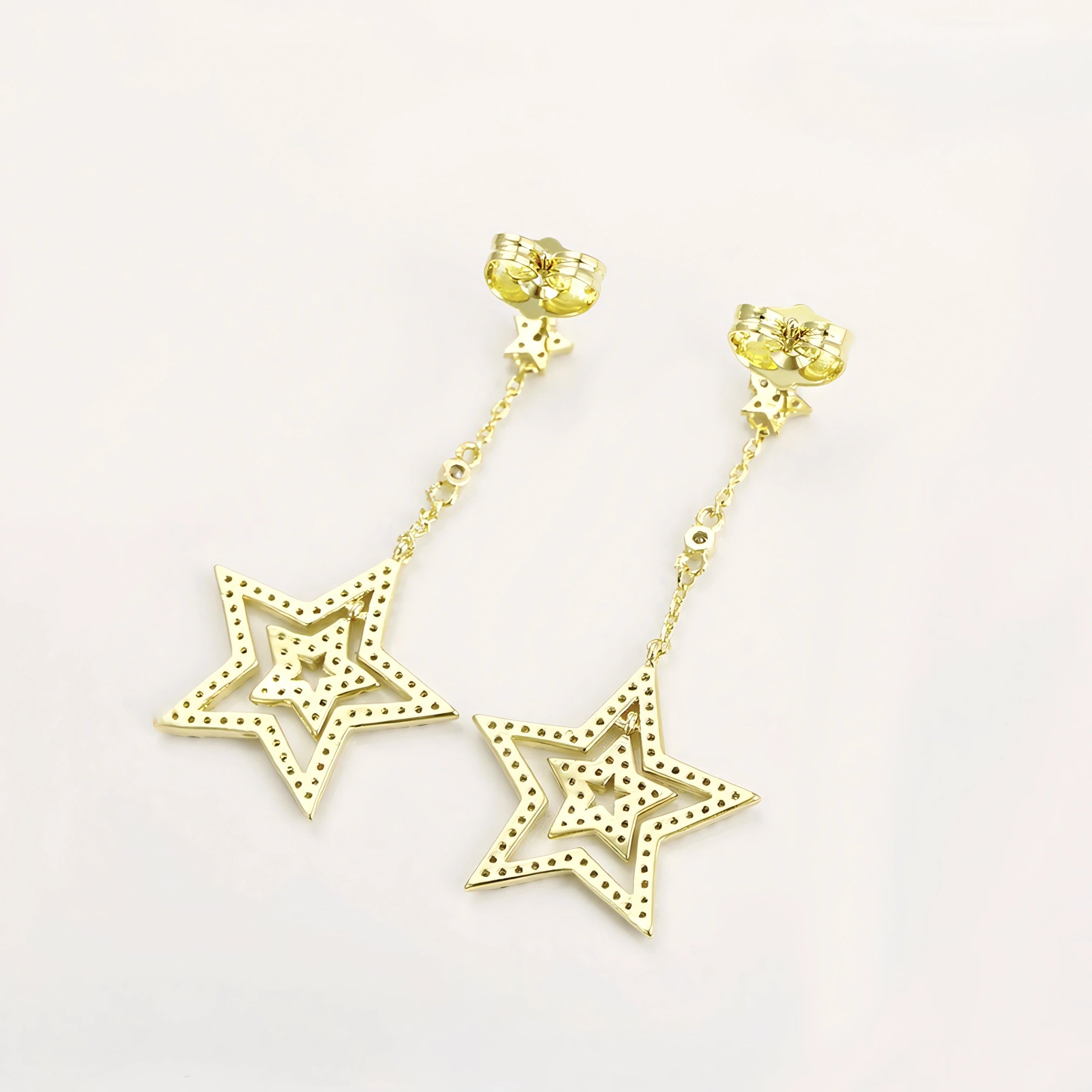 Aretes Largos con Estrellas Oro Laminado 14K