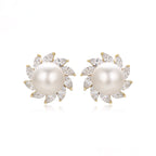 Aretes Redondos con Zirconias y Perla Oro Laminado 14K