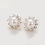Aretes Redondos con Zirconias y Perla Oro Laminado 14K