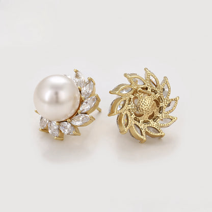 Aretes Redondos con Zirconias y Perla Oro Laminado 14K