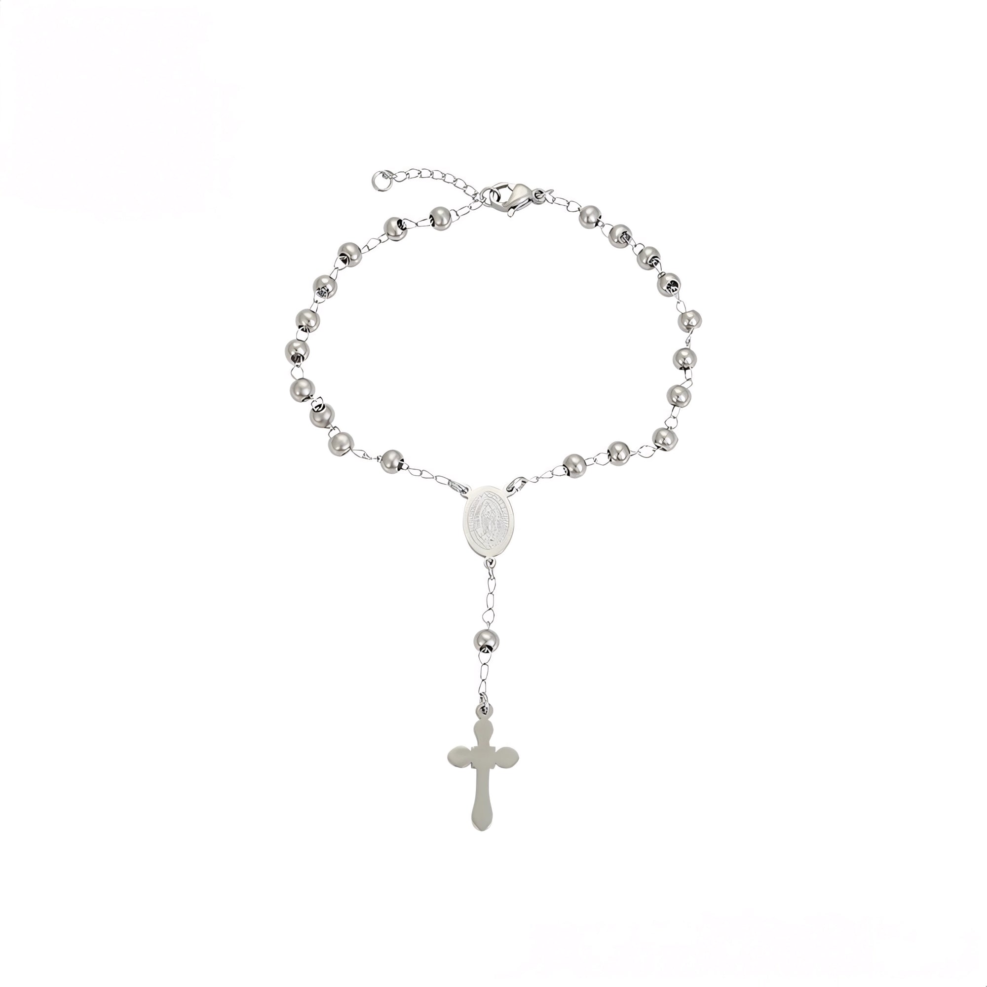 Pulsera Rosario Religiosa Chapada en Platino Estilo Clásico