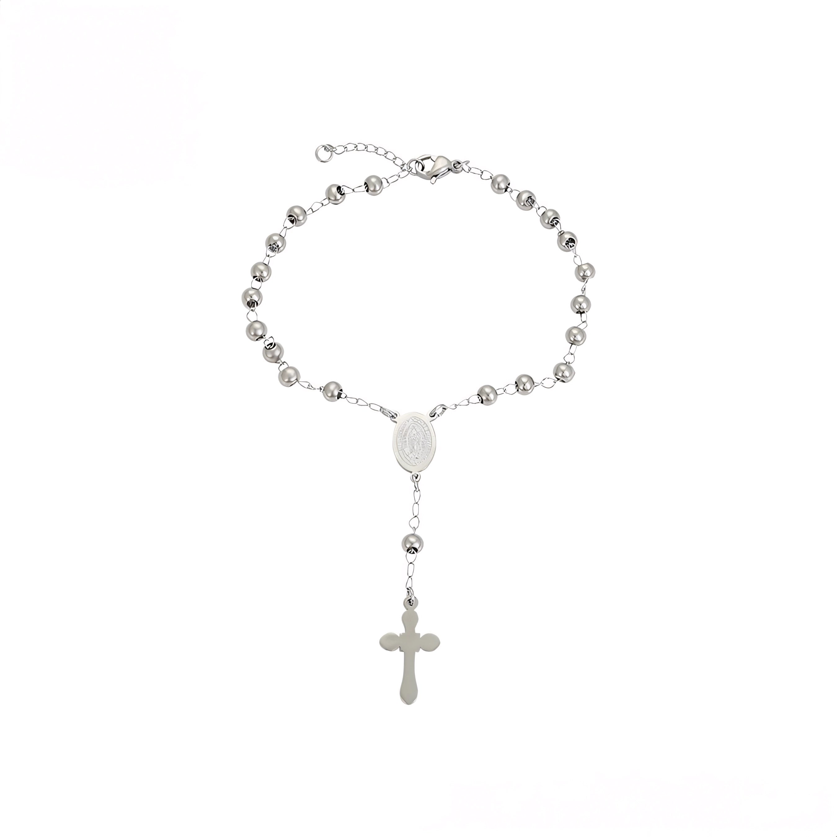 Pulsera Rosario Religiosa Chapada en Platino Estilo Clásico