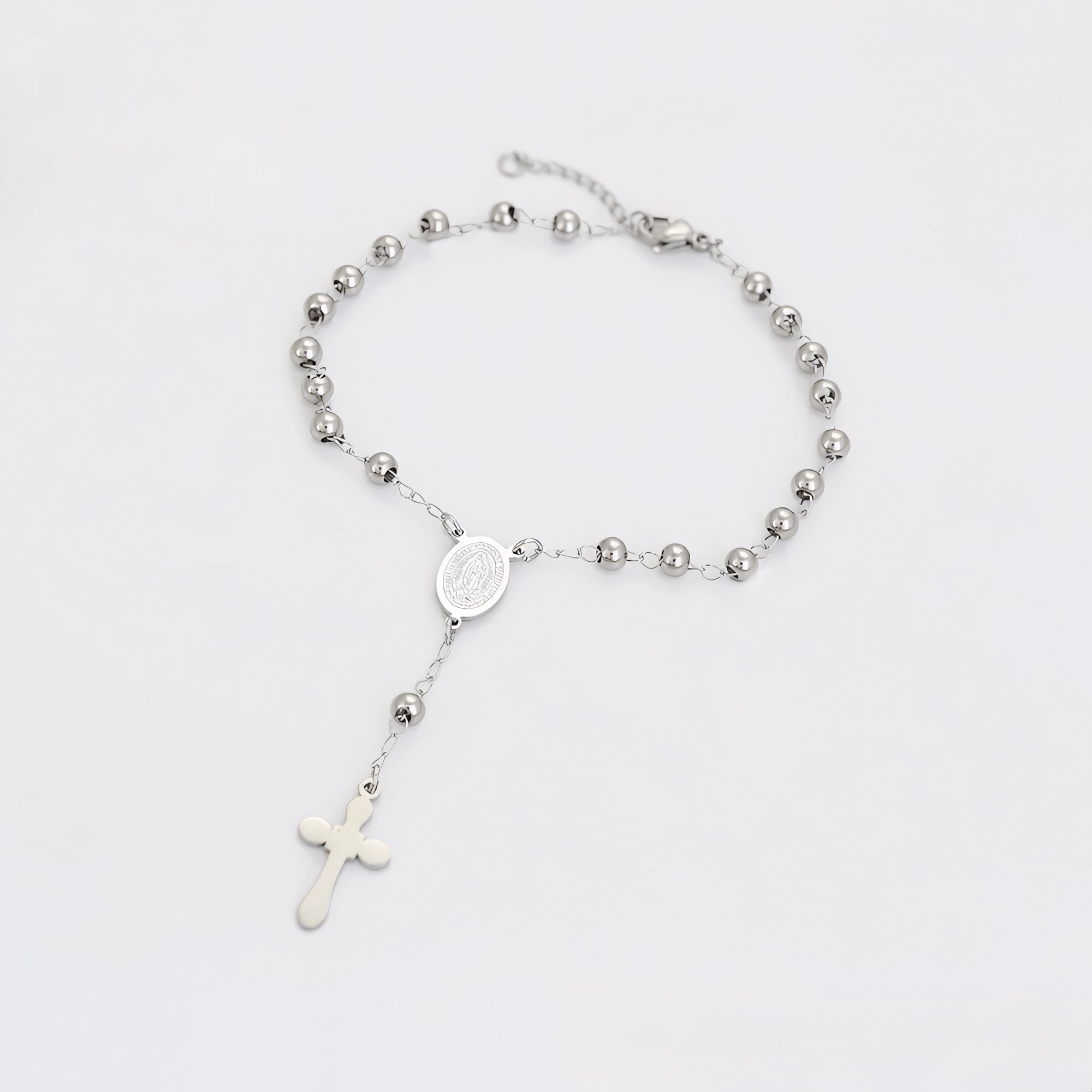 Pulsera Rosario Religiosa Chapada en Platino Estilo Clásico