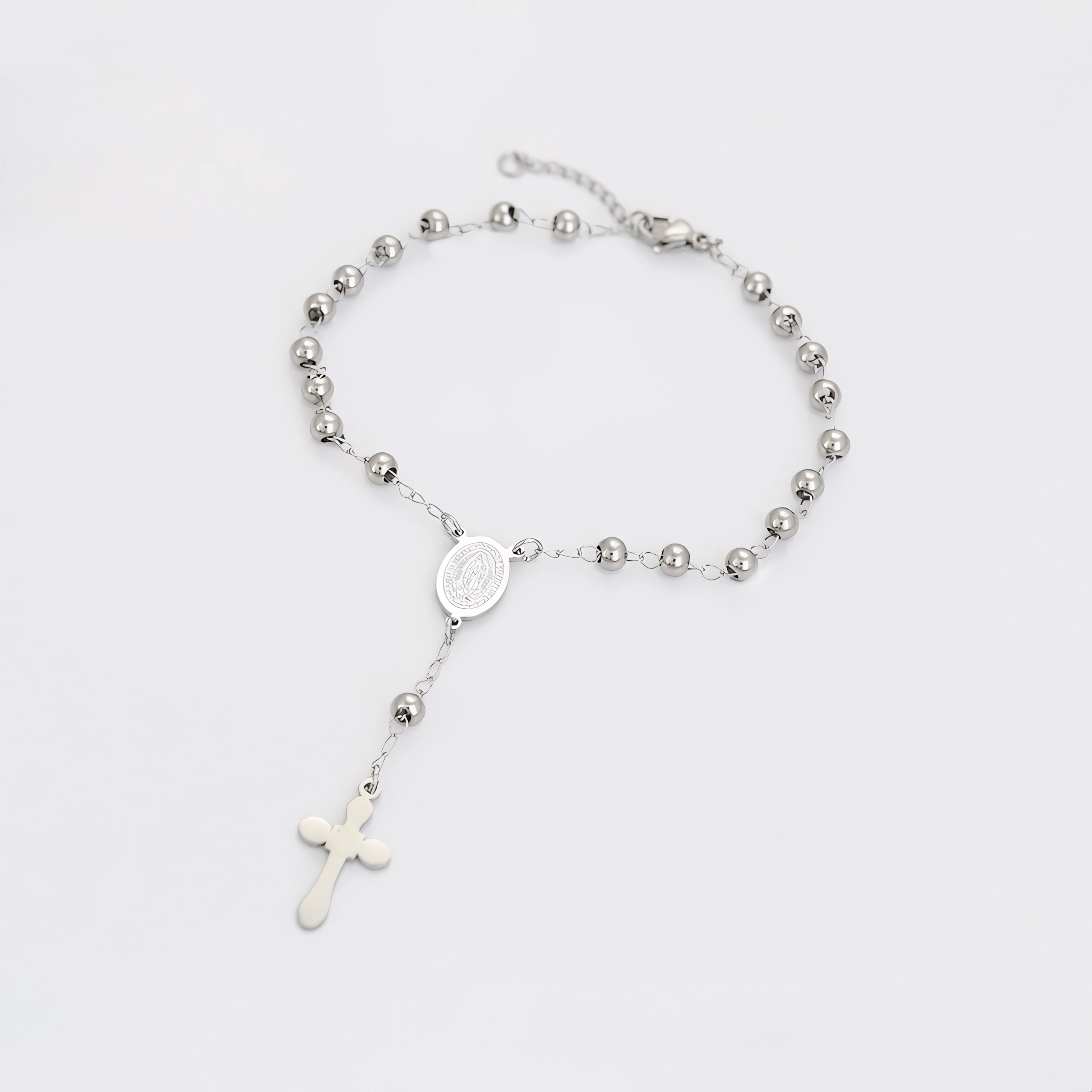 Pulsera Rosario Religiosa Chapada en Platino Estilo Clásico
