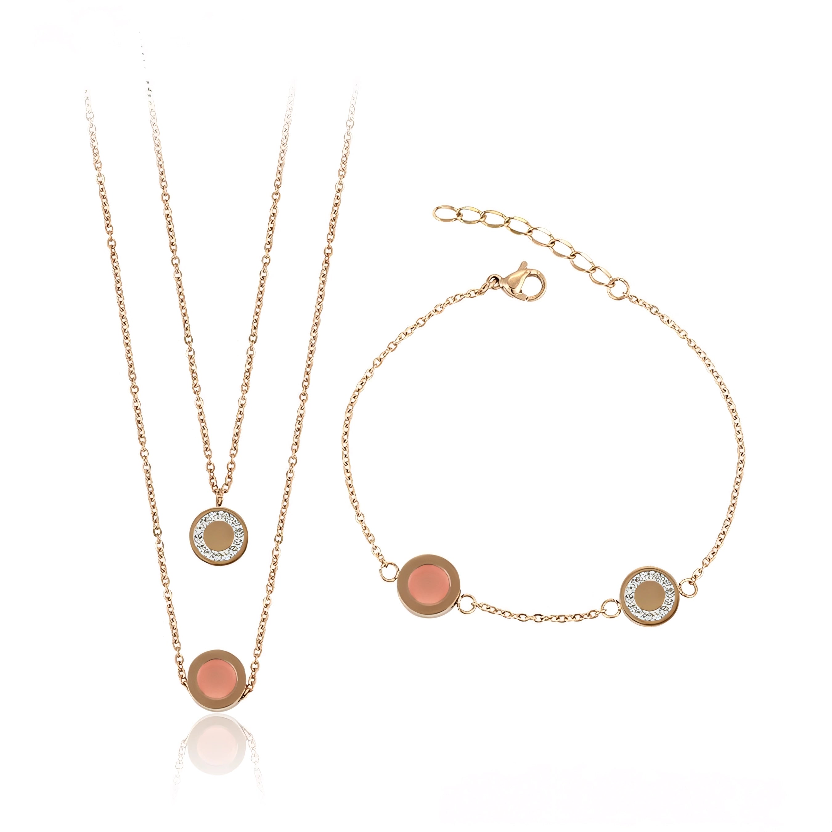 Set de Collar y Pulsera de Acero Inoxidable Oro Rosa con Zirconia