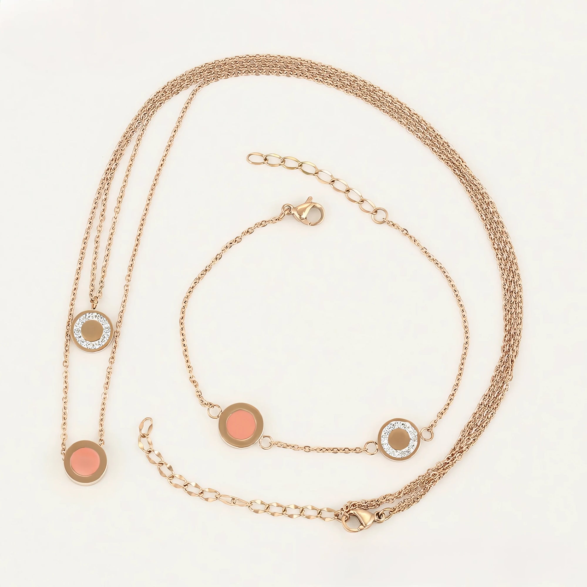 Set de Collar y Pulsera de Acero Inoxidable Oro Rosa con Zirconia