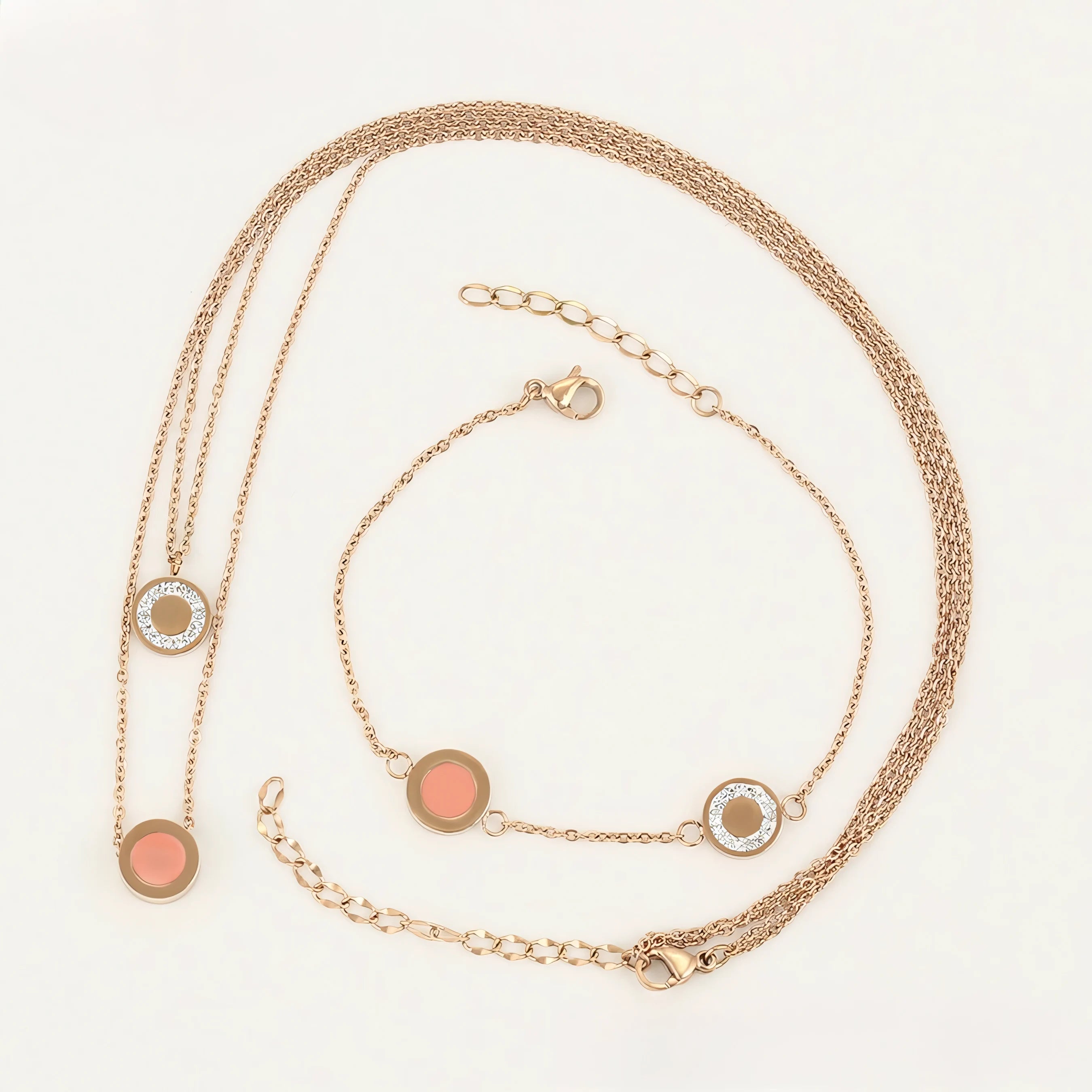 Set de Collar y Pulsera de Acero Inoxidable Oro Rosa con Zirconia