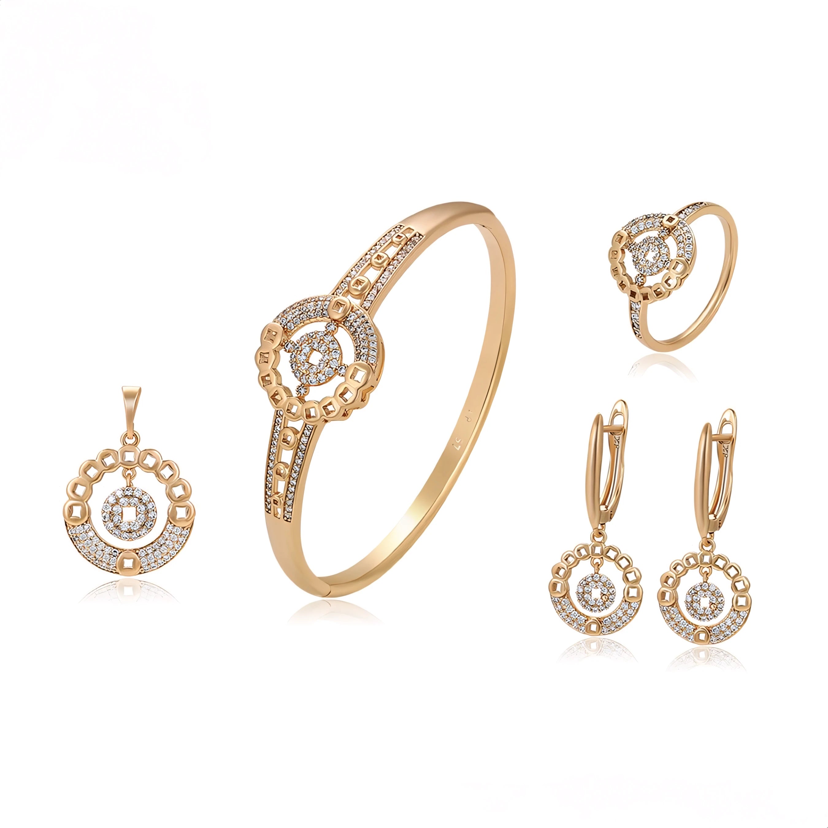 Set de Lujo Aretes Anillo Brazalete y Dije en Oro Laminado 18K